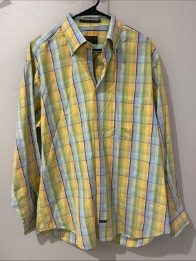 Robert Talbott Yellow and Light Blue Plaid Cotton Button-Down Shirt